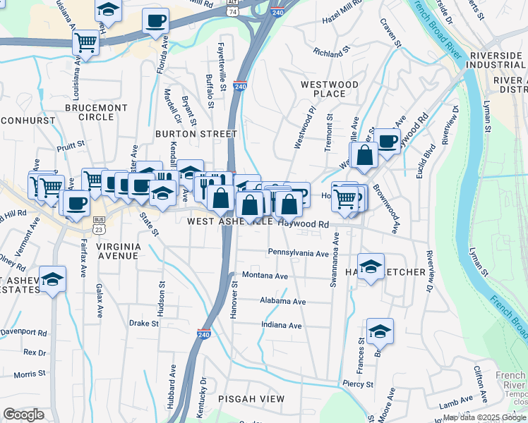 map of restaurants, bars, coffee shops, grocery stores, and more near 15 Domino Lane in Asheville