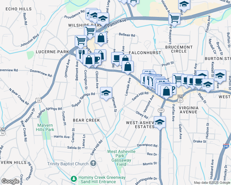 map of restaurants, bars, coffee shops, grocery stores, and more near 99999 Lanvale Avenue in Asheville