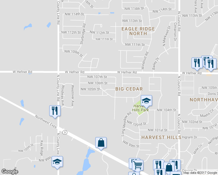map of restaurants, bars, coffee shops, grocery stores, and more near 8413 Northwest 105th Street in Oklahoma City
