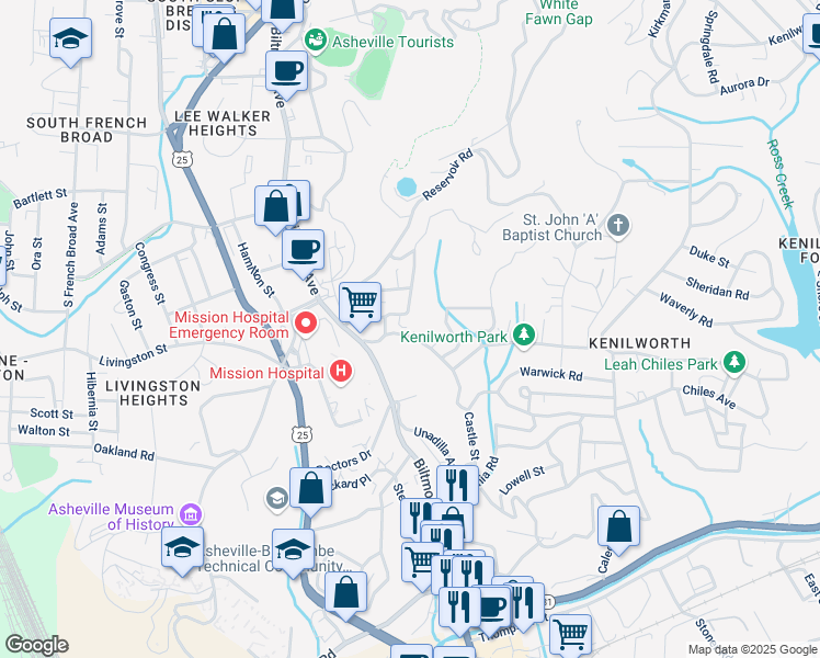 map of restaurants, bars, coffee shops, grocery stores, and more near 38 Forest Hill Drive in Asheville