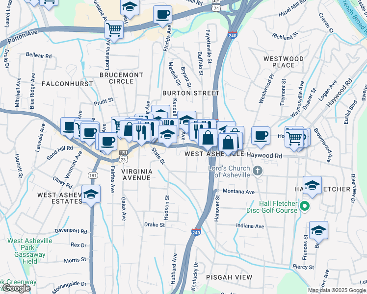 map of restaurants, bars, coffee shops, grocery stores, and more near 564 Haywood Road in Asheville