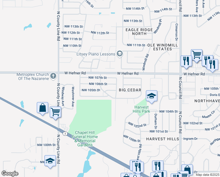 map of restaurants, bars, coffee shops, grocery stores, and more near 8413 NW 105th St in Oklahoma City