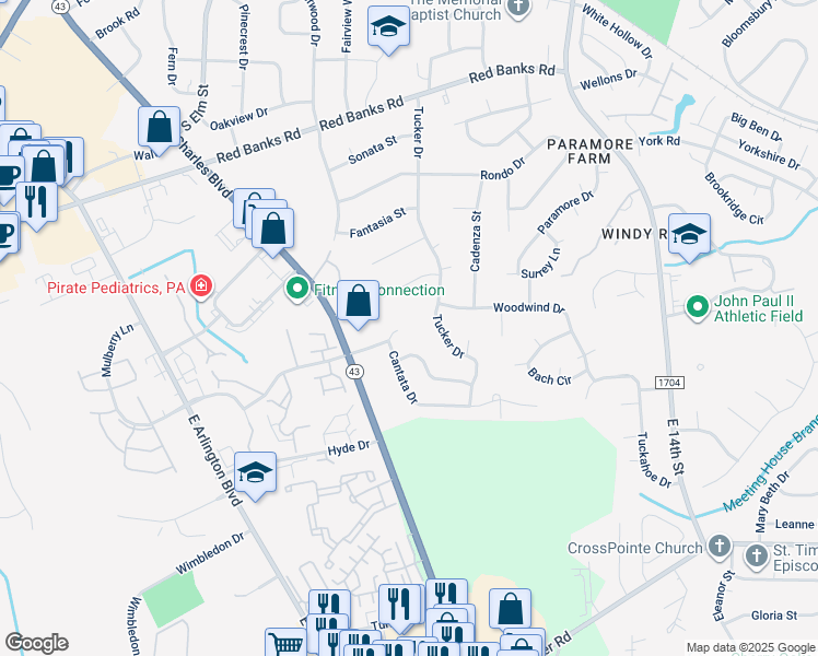 map of restaurants, bars, coffee shops, grocery stores, and more near 3400 Cantata Drive in Greenville