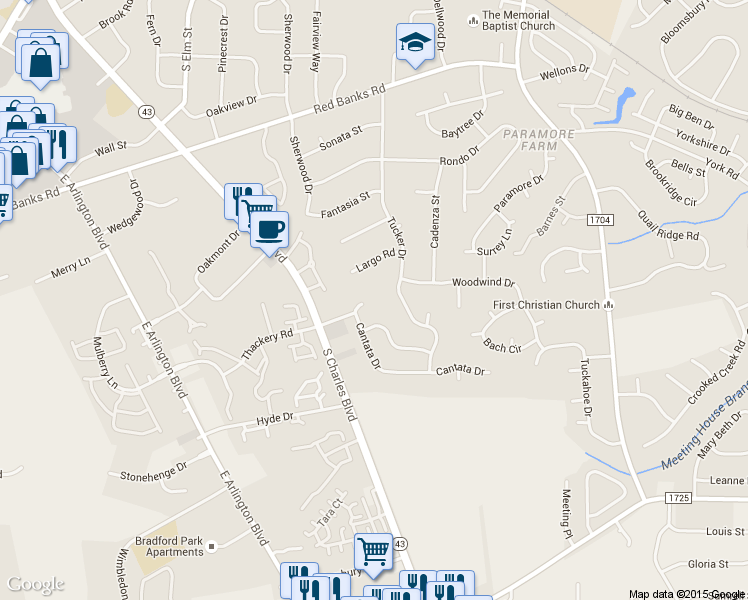 map of restaurants, bars, coffee shops, grocery stores, and more near 3400 Cantata Drive in Greenville