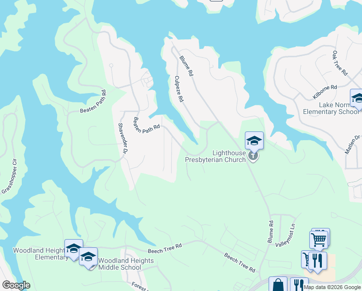 map of restaurants, bars, coffee shops, grocery stores, and more near 165 Beaten Path Road in Mooresville
