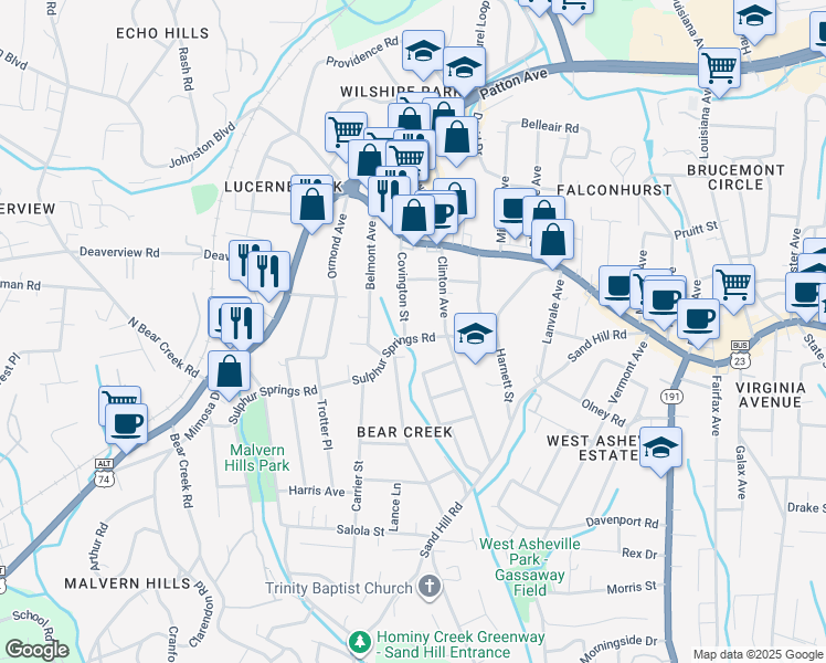 map of restaurants, bars, coffee shops, grocery stores, and more near 175 Sulphur Springs Road in Asheville