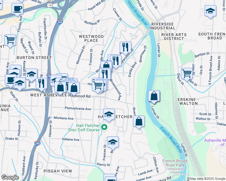 map of restaurants, bars, coffee shops, grocery stores, and more near 18 Elkin Street in Asheville