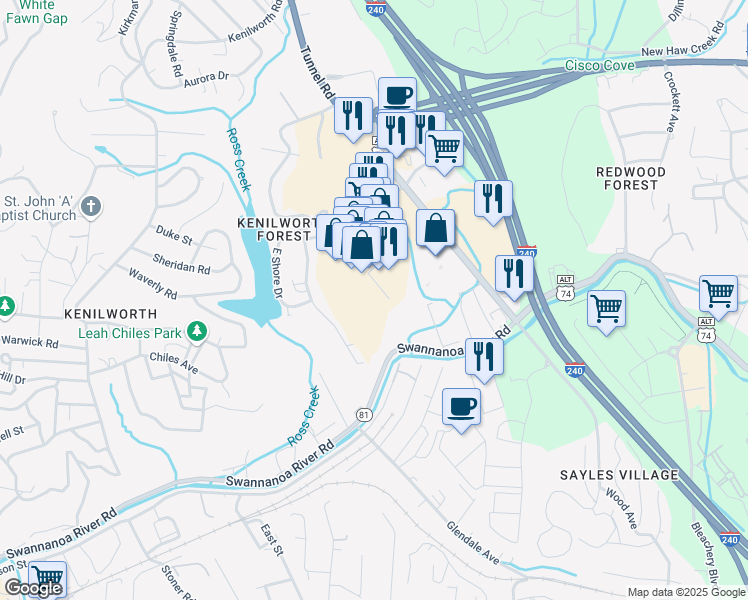 map of restaurants, bars, coffee shops, grocery stores, and more near 3 South Tunnel Road in Asheville