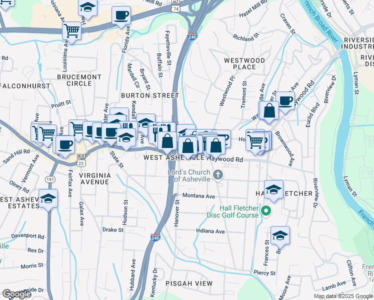 map of restaurants, bars, coffee shops, grocery stores, and more near 441 Haywood Road in Asheville