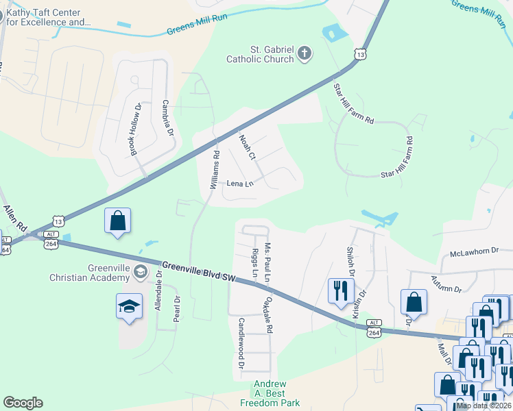 map of restaurants, bars, coffee shops, grocery stores, and more near 3176 Ruth Court in Greenville
