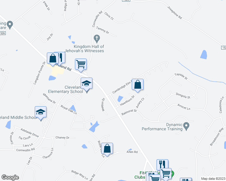 map of restaurants, bars, coffee shops, grocery stores, and more near 119 Cambridge Elm Drive in Clayton