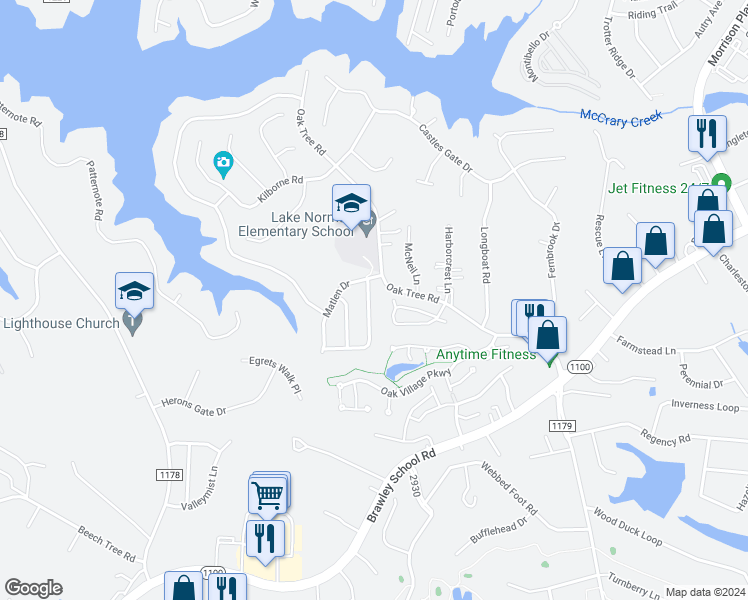 map of restaurants, bars, coffee shops, grocery stores, and more near 115 Vance Crescent Drive in Mooresville
