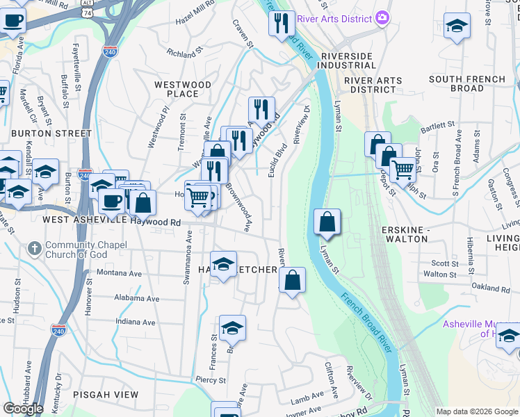 map of restaurants, bars, coffee shops, grocery stores, and more near 75 Wamboldt Avenue in Asheville
