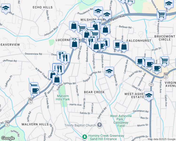 map of restaurants, bars, coffee shops, grocery stores, and more near 110 Belmont Avenue in Asheville