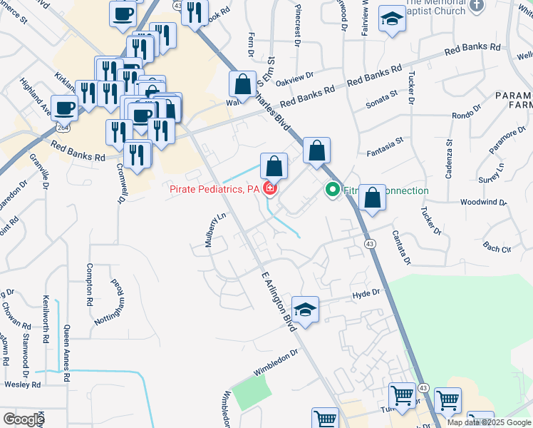 map of restaurants, bars, coffee shops, grocery stores, and more near 1129 Turtle Creek Road in Greenville
