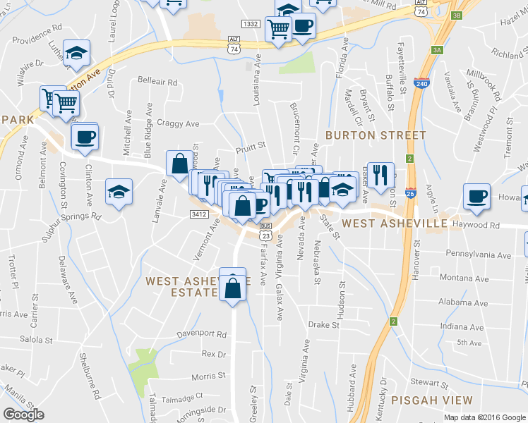 map of restaurants, bars, coffee shops, grocery stores, and more near 21 Jarrett Street in Asheville