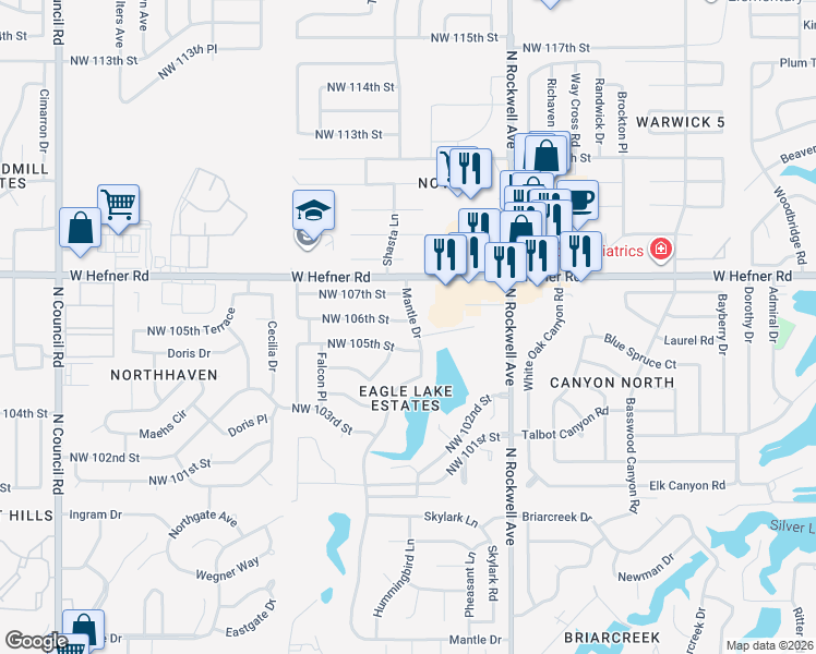 map of restaurants, bars, coffee shops, grocery stores, and more near 7300 Northwest 106th Street in Oklahoma City