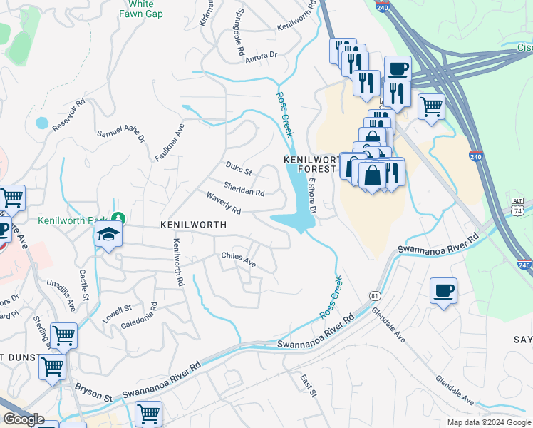 map of restaurants, bars, coffee shops, grocery stores, and more near 241 Lakewood Drive in Asheville
