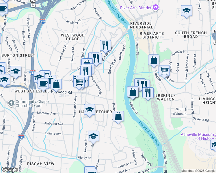 map of restaurants, bars, coffee shops, grocery stores, and more near 75 Wamboldt Avenue in Asheville