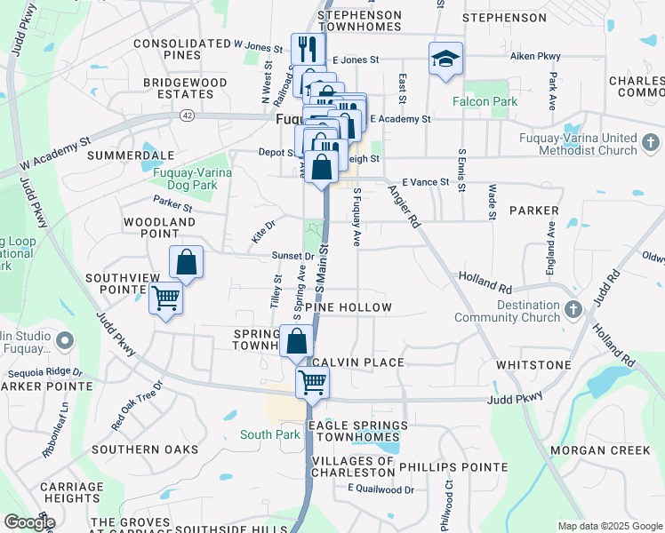 map of restaurants, bars, coffee shops, grocery stores, and more near 505 South Main Street in Fuquay-Varina