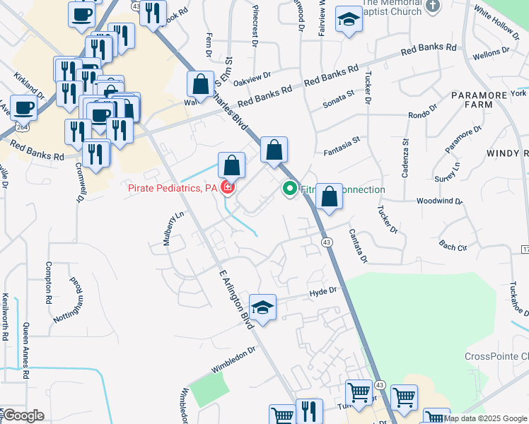 map of restaurants, bars, coffee shops, grocery stores, and more near 126 Oakmont Drive in Greenville