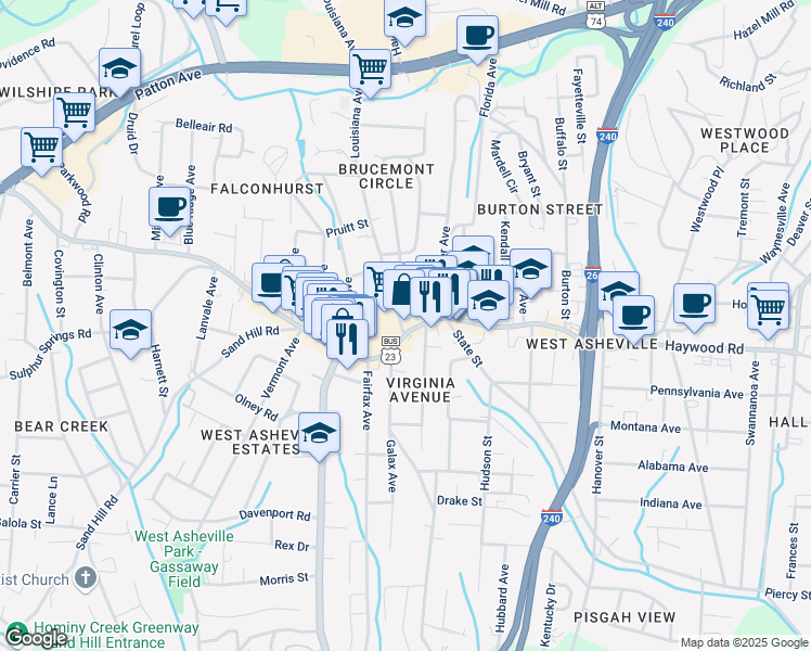 map of restaurants, bars, coffee shops, grocery stores, and more near 667 Haywood Road in Asheville