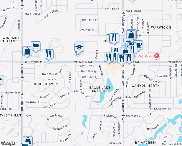 map of restaurants, bars, coffee shops, grocery stores, and more near 7318 Northwest 106th Street in Oklahoma City