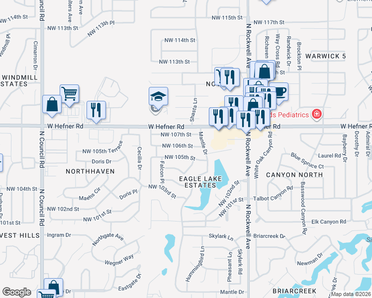map of restaurants, bars, coffee shops, grocery stores, and more near 7318 Northwest 106th Street in Oklahoma City