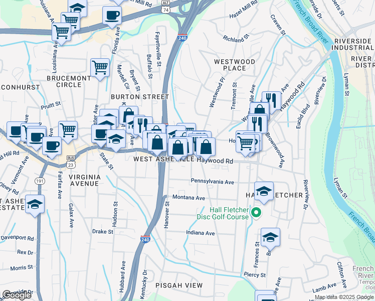 map of restaurants, bars, coffee shops, grocery stores, and more near 15 Domino Lane in Asheville