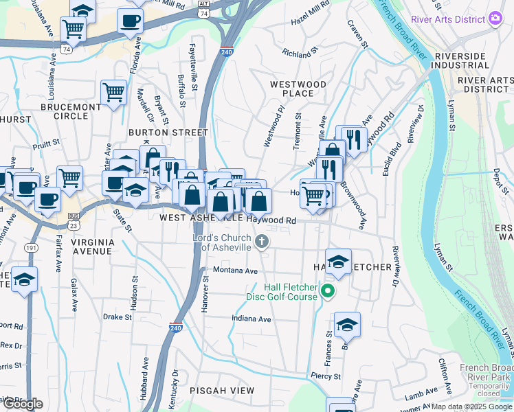 map of restaurants, bars, coffee shops, grocery stores, and more near 307 Waynesville Avenue in Asheville