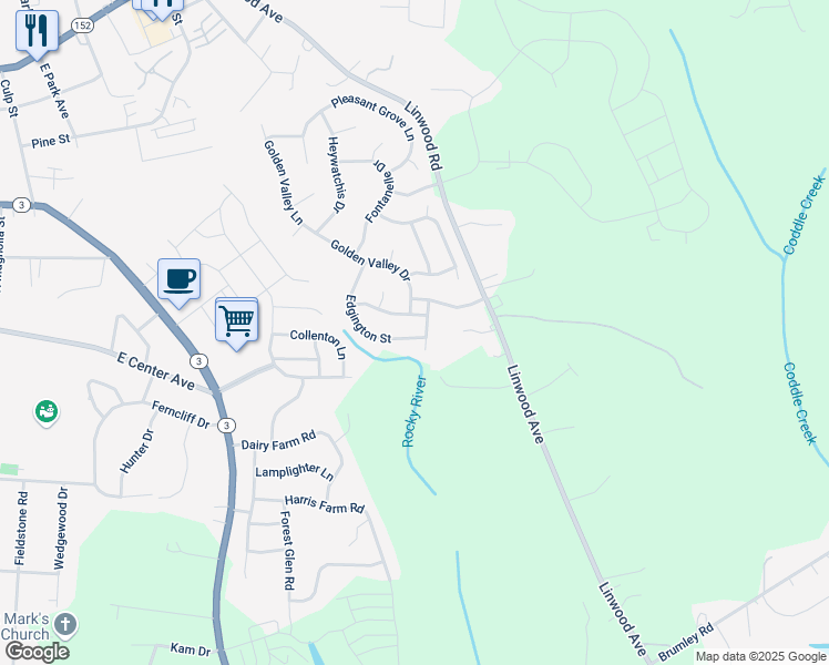 map of restaurants, bars, coffee shops, grocery stores, and more near 106 Edgington Street in Mooresville