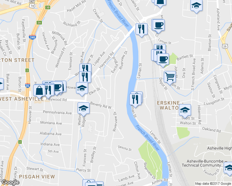 map of restaurants, bars, coffee shops, grocery stores, and more near 178 Riverview Drive in Asheville