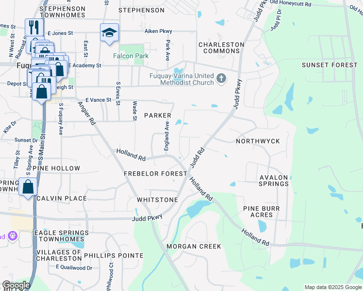 map of restaurants, bars, coffee shops, grocery stores, and more near 540 Barneswyck Drive in Fuquay-Varina