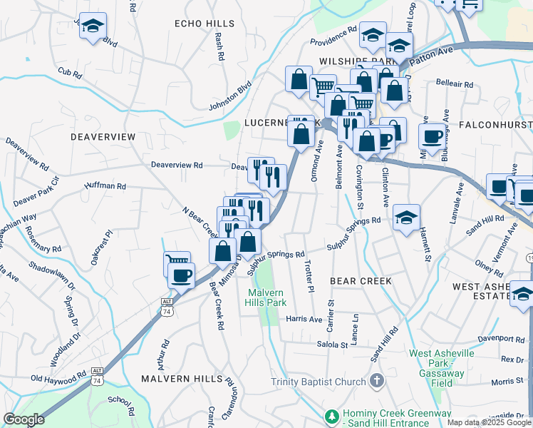 map of restaurants, bars, coffee shops, grocery stores, and more near 1455 U.S. 23 in Asheville