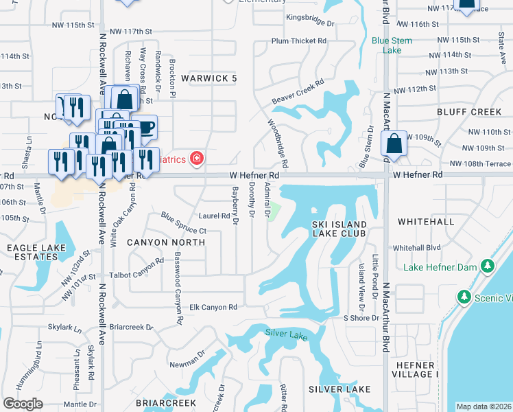 map of restaurants, bars, coffee shops, grocery stores, and more near 10700 Dorothy Drive in Oklahoma City