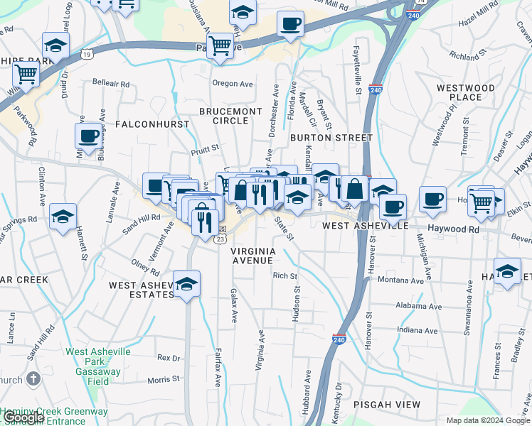 map of restaurants, bars, coffee shops, grocery stores, and more near 626 U.S. 19 Business in Asheville