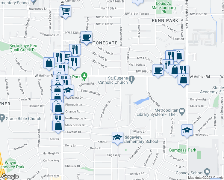 map of restaurants, bars, coffee shops, grocery stores, and more near 10805 N Utica Dr in The Village