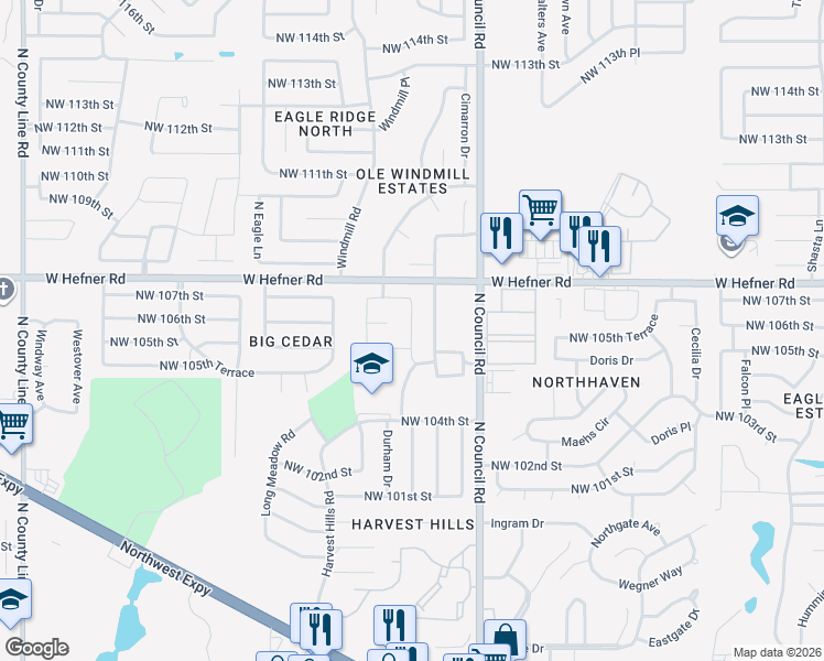 map of restaurants, bars, coffee shops, grocery stores, and more near 10805 North Council Road in Oklahoma City