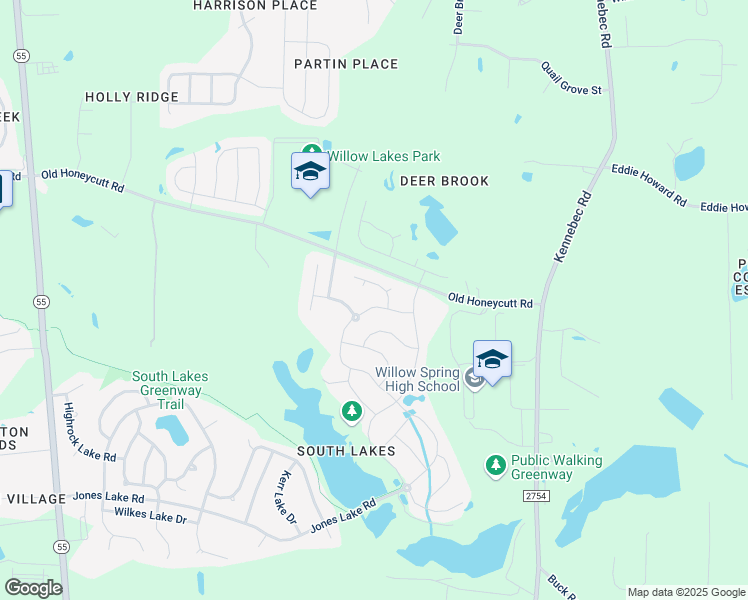 map of restaurants, bars, coffee shops, grocery stores, and more near 3517 Jones Lake Road in Fuquay Varina