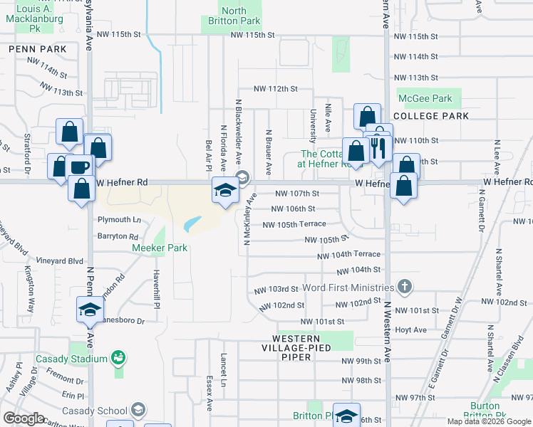 map of restaurants, bars, coffee shops, grocery stores, and more near 1412 Northwest 106th Street in Oklahoma City