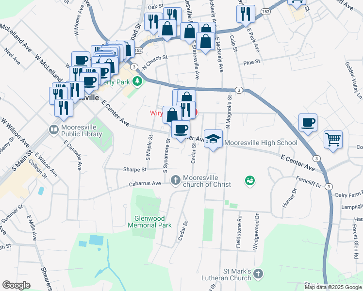 map of restaurants, bars, coffee shops, grocery stores, and more near 519 East Statesville Avenue in Mooresville