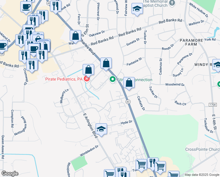 map of restaurants, bars, coffee shops, grocery stores, and more near 224 Cape Point Lane in Greenville