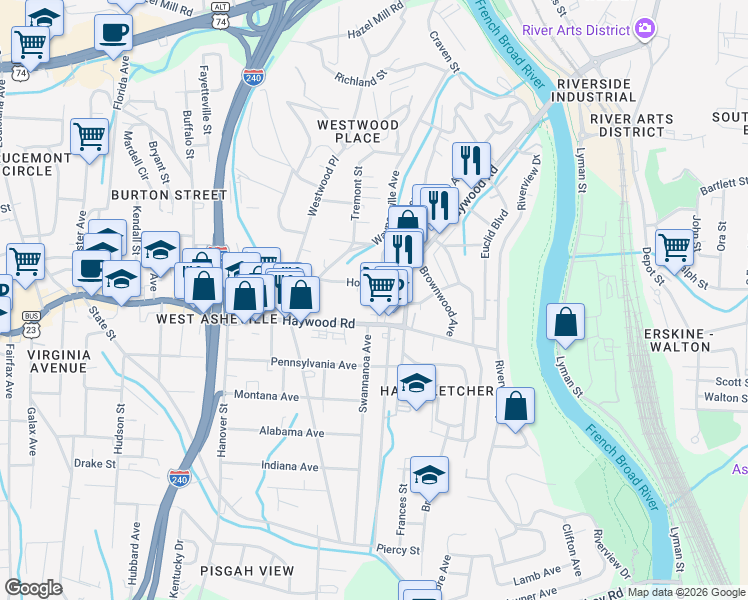 map of restaurants, bars, coffee shops, grocery stores, and more near 197 Deaver Street in Asheville