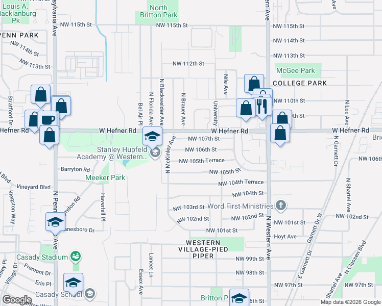 map of restaurants, bars, coffee shops, grocery stores, and more near 1332 Northwest 106th Street in Oklahoma City