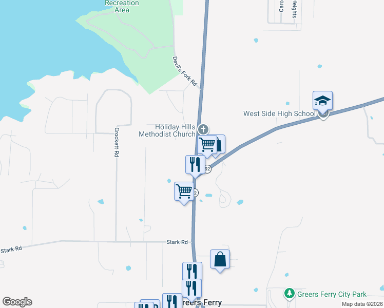 map of restaurants, bars, coffee shops, grocery stores, and more near 7652 Greers Ferry Road in Greers Ferry