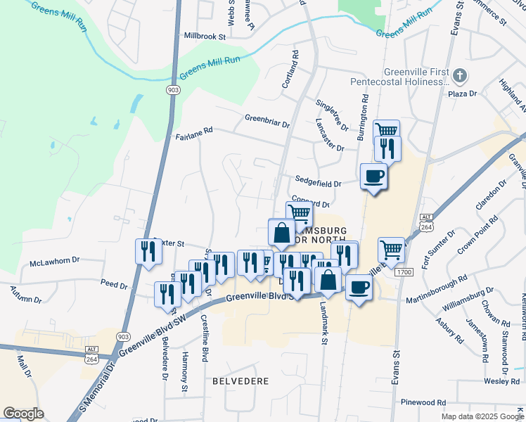 map of restaurants, bars, coffee shops, grocery stores, and more near 111 Toby Court in Greenville