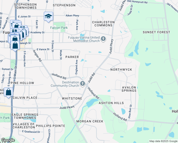 map of restaurants, bars, coffee shops, grocery stores, and more near 1420 South Judd Parkway Southeast in Fuquay-Varina