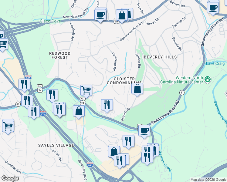 map of restaurants, bars, coffee shops, grocery stores, and more near 1301 Abbey Circle in Asheville