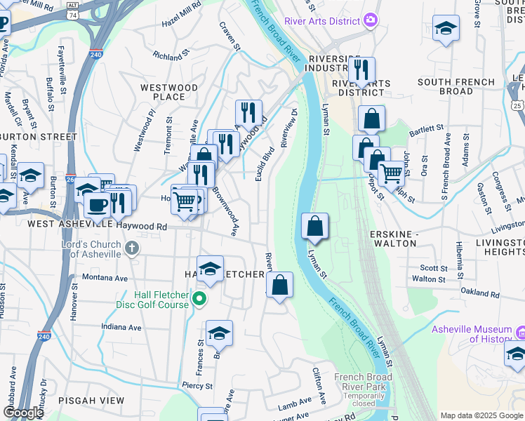 map of restaurants, bars, coffee shops, grocery stores, and more near 178 Riverview Drive in Asheville