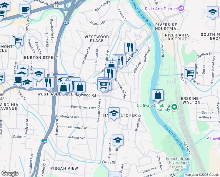 map of restaurants, bars, coffee shops, grocery stores, and more near 259 Haywood Road in Asheville